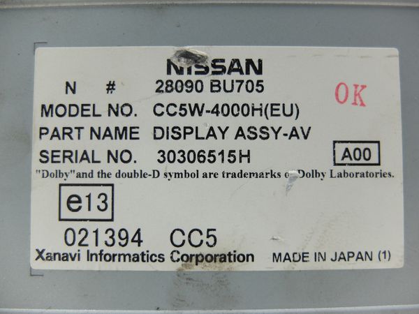 Display Für Navigationssystem  Nissan Almera 28090BU705 CC5W-400H